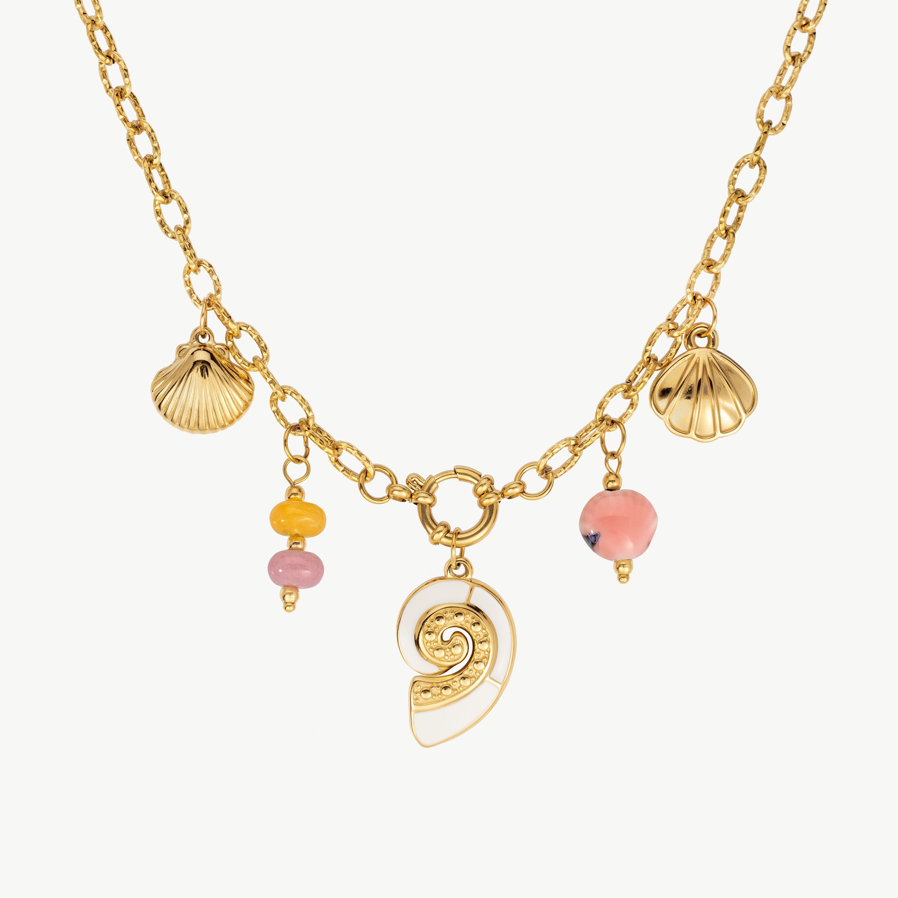 waterproof gold necklace with seashell charms and colorful bead details tarnish free charm necklace with ocean inspired design