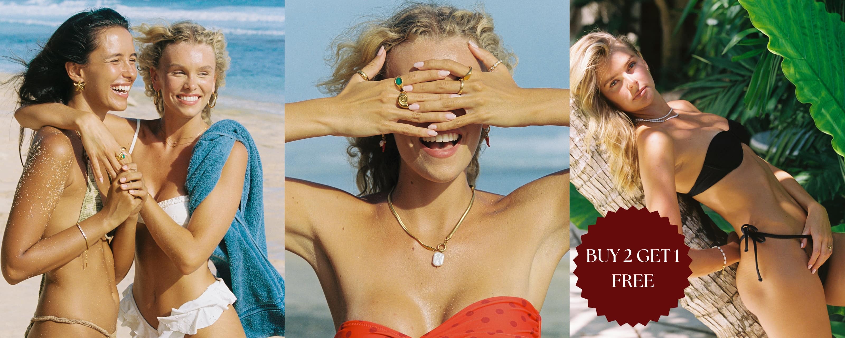 waterproof jewelry collection featuring waterproof gold jewelry, including necklaces, bracelets and earrings worn by women on the beach