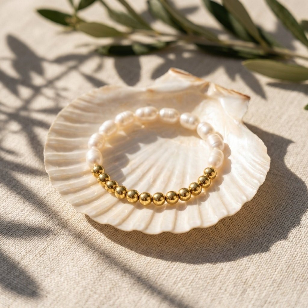 women's freshwater pearl beaded bracelet featuring white pearls and statement gold beads